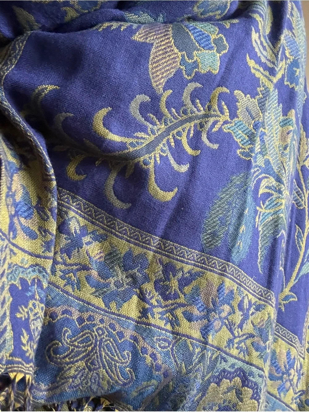 Blue Green Shawl Wrap Scarf Fringe Paisley Jacquard Pashmina Hijab